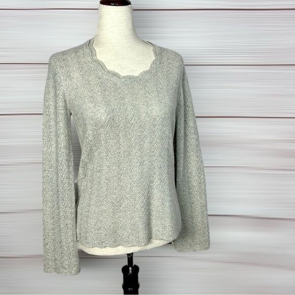 Ann Taylor Cashmere Lace Sweater Gray Silver Sparkly Scalloped Scoop Neck sz Mp - Picture 4 of 13